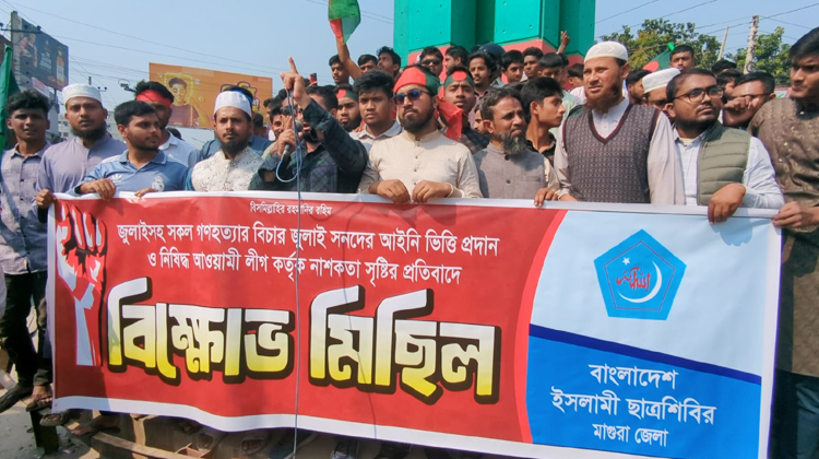 জুলাই গণহত্যাসহ সব হত্যার বিচার ও নাশকতার প্রতিবাদে মাগুরায় শিবিরের বিক্ষোভ