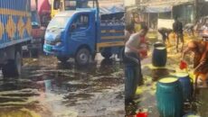 সিদ্ধিরগঞ্জে পাইপ ফেটে সড়কে ছড়িয়ে পড়ল ভোজ্যতেল, মানুষ ভিড় জমিয়ে সংগ্রহে হুমড়ি