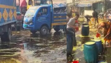 সিদ্ধিরগঞ্জে পাইপ ফেটে সড়কে ছড়িয়ে পড়ল ভোজ্যতেল, মানুষ ভিড় জমিয়ে সংগ্রহে হুমড়ি